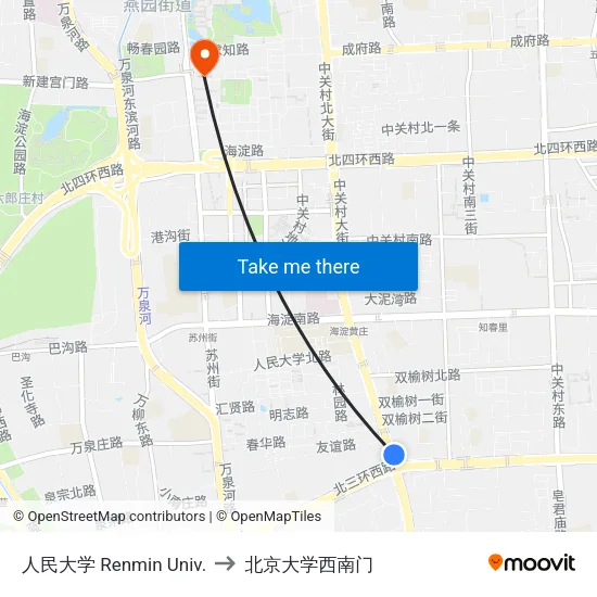人民大学 Renmin Univ. to 北京大学西南门 map
