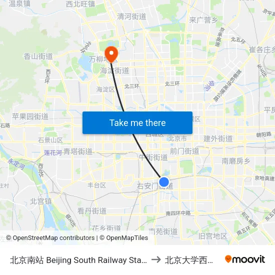 北京南站 Beijing South Railway Station to 北京大学西南门 map