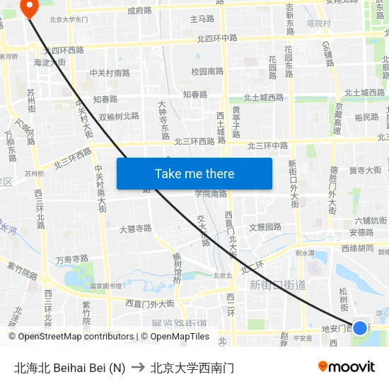北海北 Beihai Bei (N) to 北京大学西南门 map