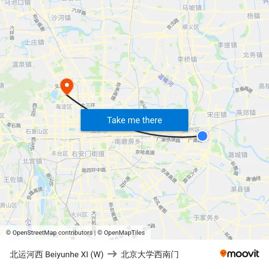 北运河西 Beiyunhe XI (W) to 北京大学西南门 map