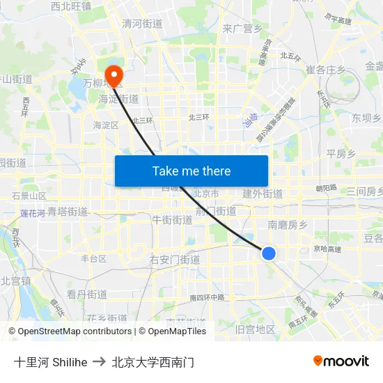 十里河 Shilihe to 北京大学西南门 map