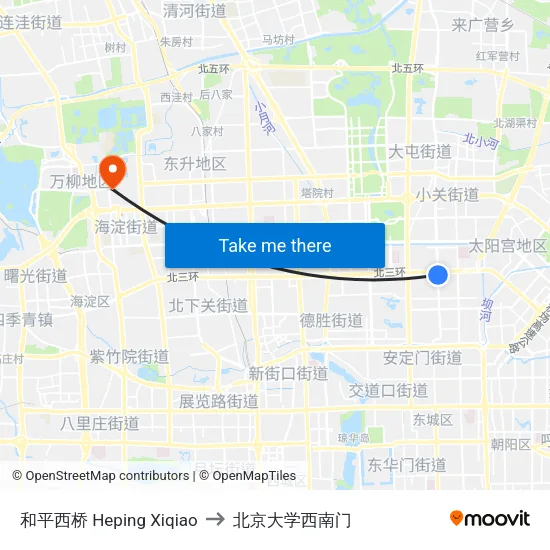 和平西桥 Heping Xiqiao to 北京大学西南门 map