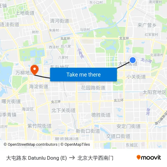 大屯路东 Datunlu Dong (E) to 北京大学西南门 map