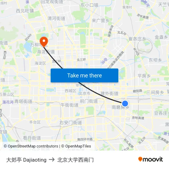 大郊亭 Dajiaoting to 北京大学西南门 map