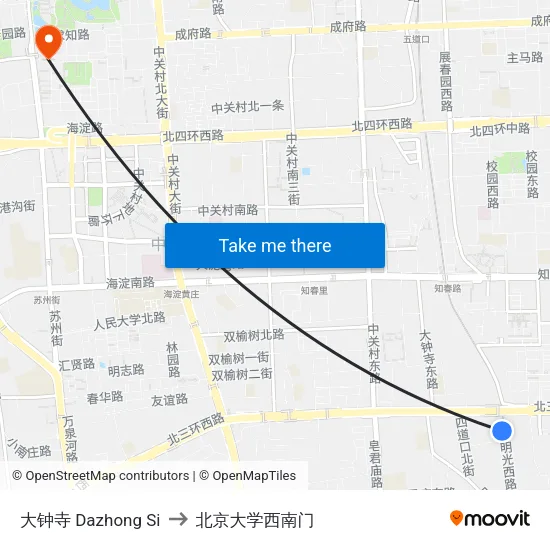 大钟寺 Dazhong Si to 北京大学西南门 map