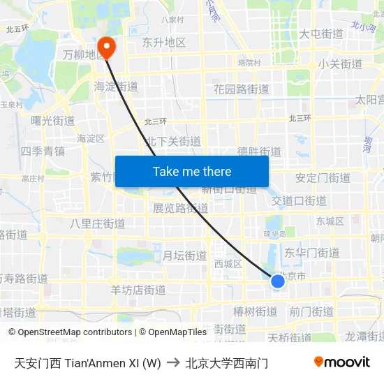 天安门西 Tian'Anmen XI (W) to 北京大学西南门 map