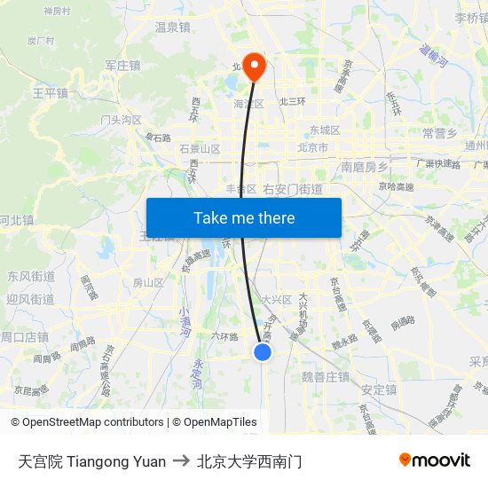 天宫院 Tiangong Yuan to 北京大学西南门 map