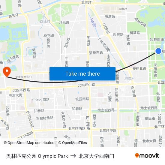 奥林匹克公园 Olympic Park to 北京大学西南门 map