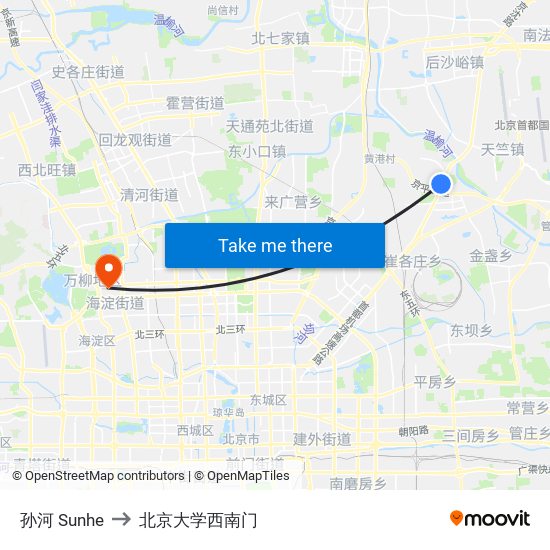 孙河 Sunhe to 北京大学西南门 map