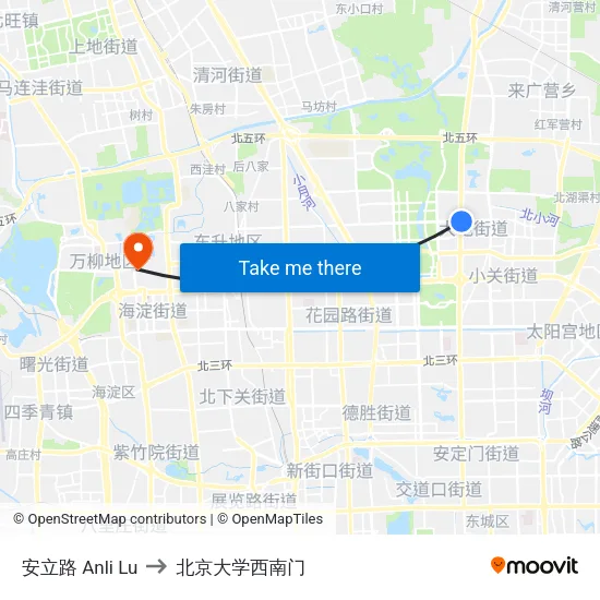 安立路 Anli Lu to 北京大学西南门 map