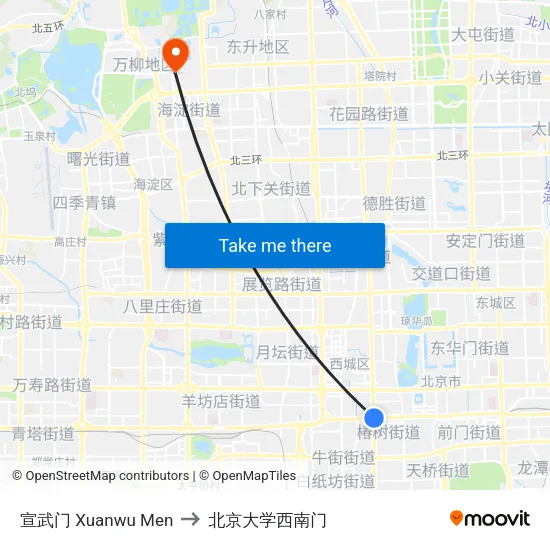 宣武门 Xuanwu Men to 北京大学西南门 map