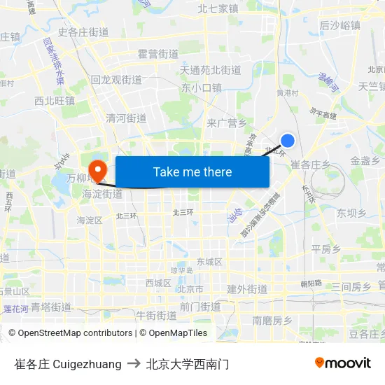 崔各庄 Cuigezhuang to 北京大学西南门 map