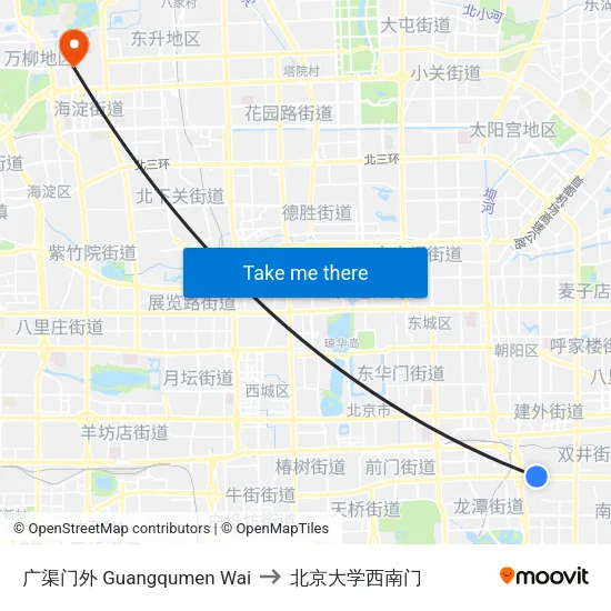 广渠门外 Guangqumen Wai to 北京大学西南门 map