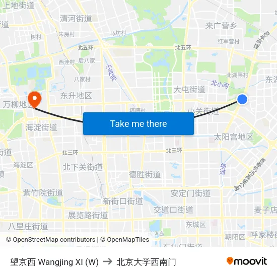 望京西 Wangjing XI (W) to 北京大学西南门 map