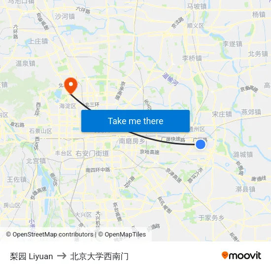 梨园 Liyuan to 北京大学西南门 map