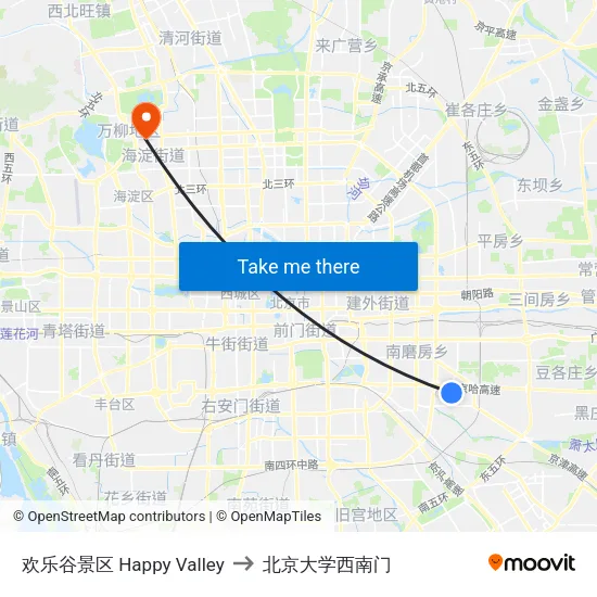 欢乐谷景区 Happy Valley to 北京大学西南门 map