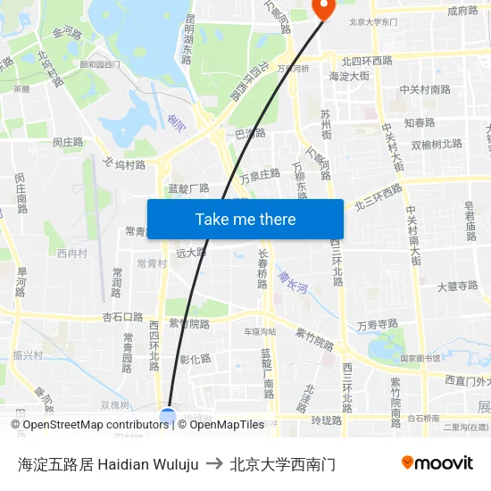 海淀五路居 Haidian Wuluju to 北京大学西南门 map