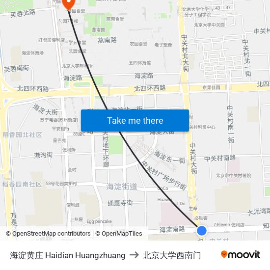 海淀黄庄 Haidian Huangzhuang to 北京大学西南门 map