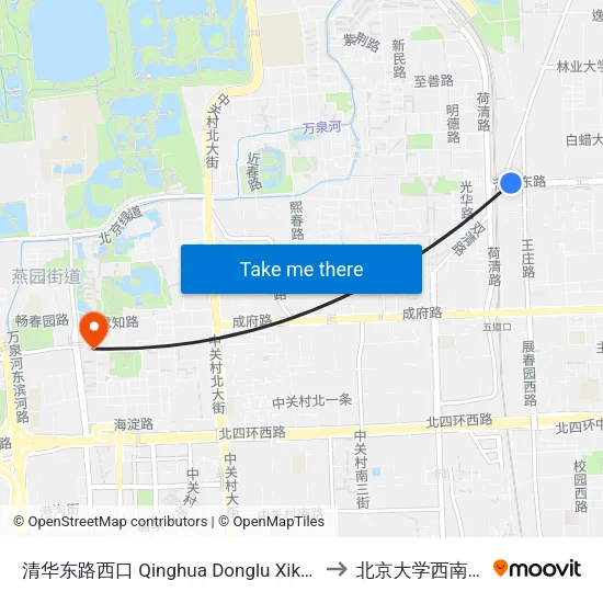 清华东路西口 Qinghua Donglu Xikou to 北京大学西南门 map