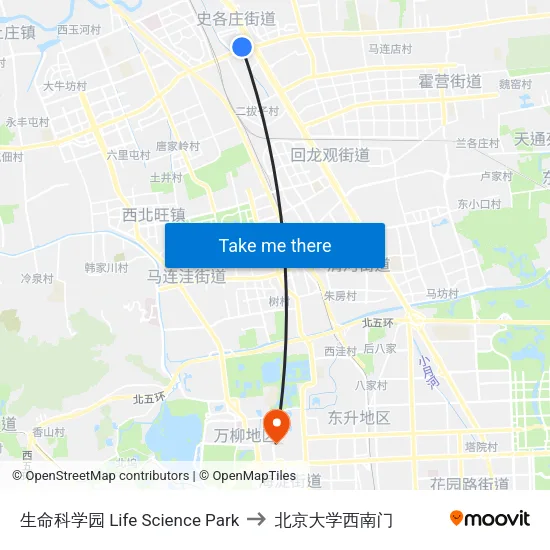 生命科学园  Life Science Park to 北京大学西南门 map