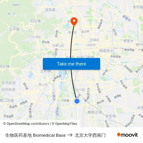 生物医药基地 Biomedical Base to 北京大学西南门 map