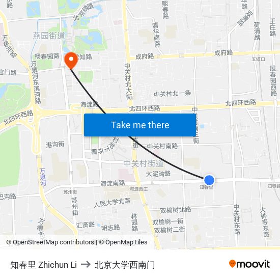 知春里 Zhichun Li to 北京大学西南门 map