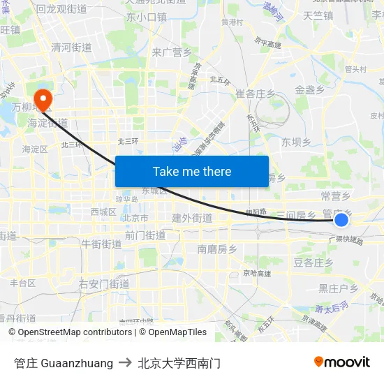 管庄 Guaanzhuang to 北京大学西南门 map