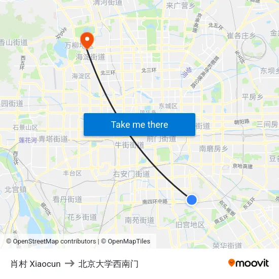 肖村 Xiaocun to 北京大学西南门 map