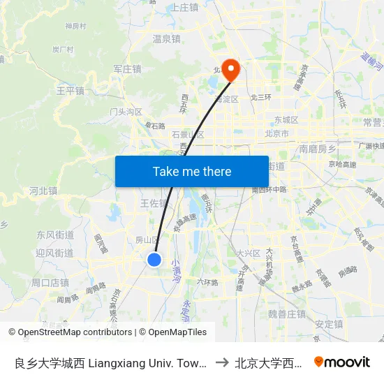 良乡大学城西 Liangxiang Univ. Town West to 北京大学西南门 map