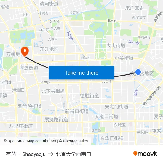 芍药居 Shaoyaoju to 北京大学西南门 map