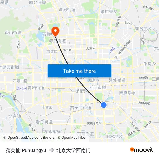 蒲黄榆 Puhuangyu to 北京大学西南门 map