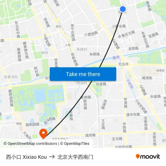 西小口 Xixiao Kou to 北京大学西南门 map