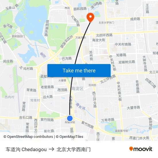 车道沟 Chedaogou to 北京大学西南门 map