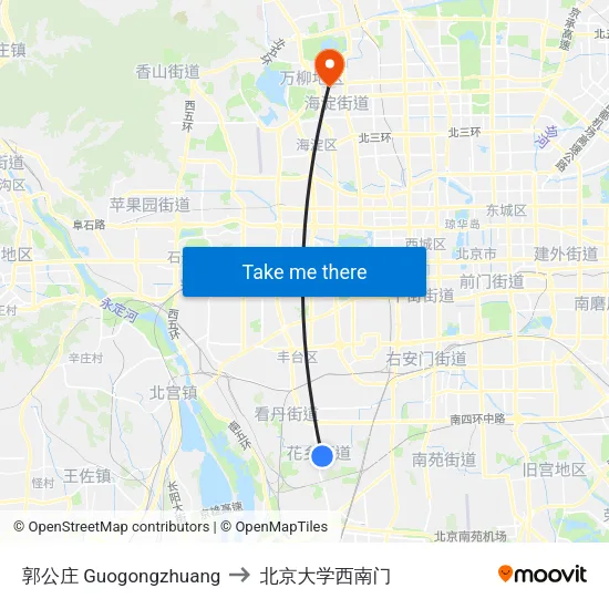 郭公庄 Guogongzhuang to 北京大学西南门 map