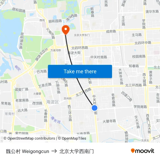 魏公村 Weigongcun to 北京大学西南门 map