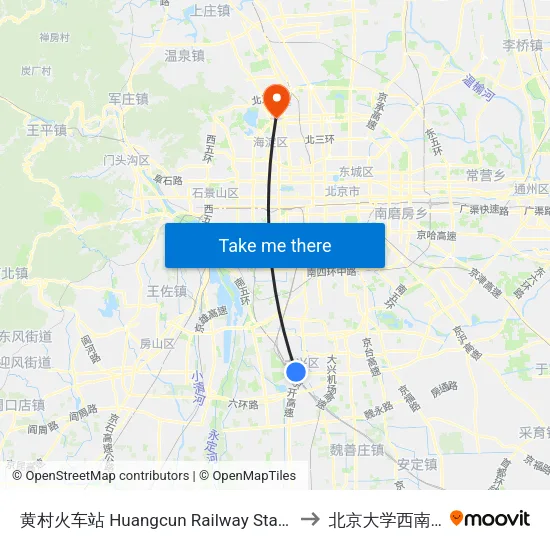 黄村火车站 Huangcun Railway Station to 北京大学西南门 map