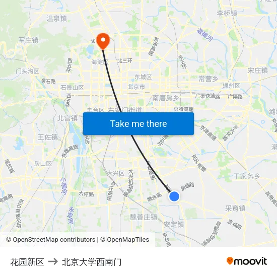 花园新区 to 北京大学西南门 map