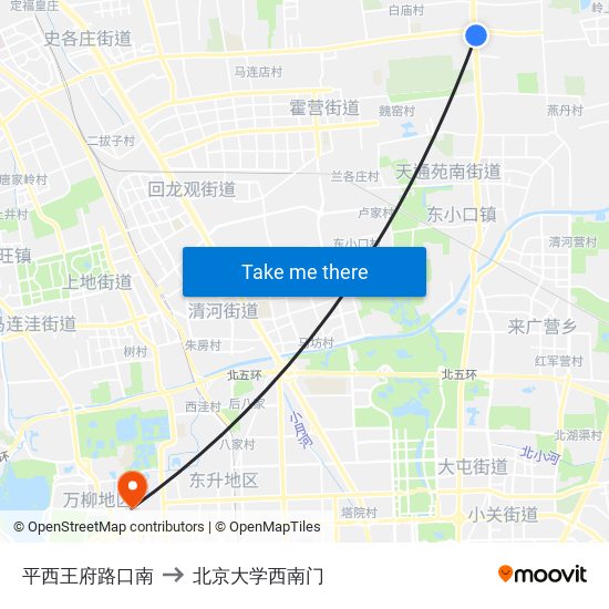平西王府路口南 to 北京大学西南门 map