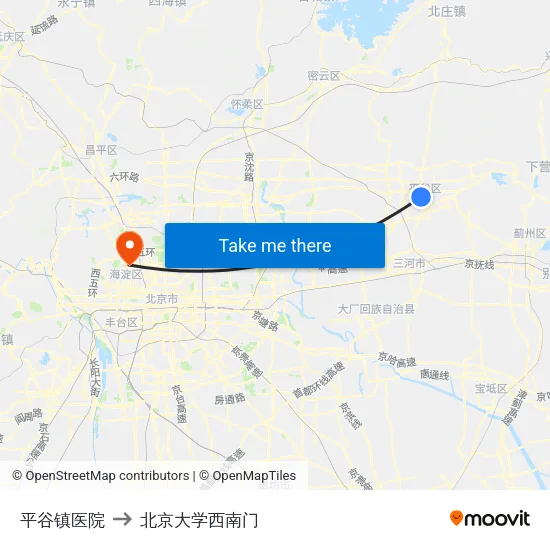 平谷镇医院 to 北京大学西南门 map