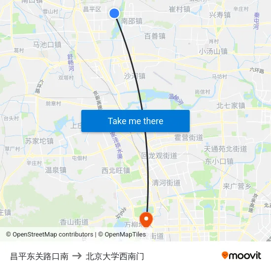 昌平东关路口南 to 北京大学西南门 map