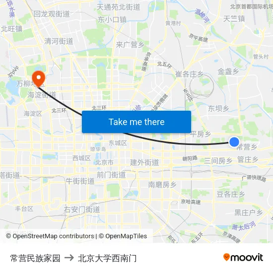 常营民族家园 to 北京大学西南门 map