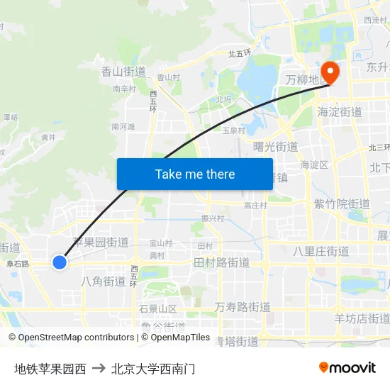 地铁苹果园西 to 北京大学西南门 map
