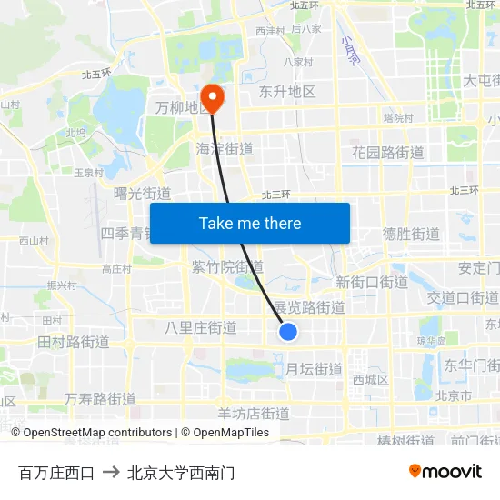 百万庄西口 to 北京大学西南门 map
