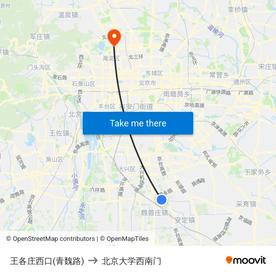 王各庄西口(青魏路) to 北京大学西南门 map