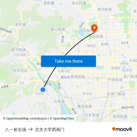 八一射击场 to 北京大学西南门 map