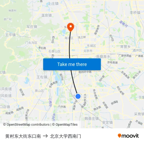 黄村东大街东口南 to 北京大学西南门 map
