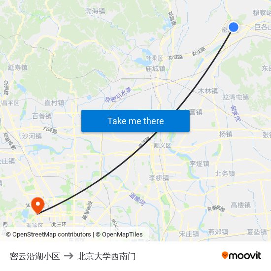 密云沿湖小区 to 北京大学西南门 map