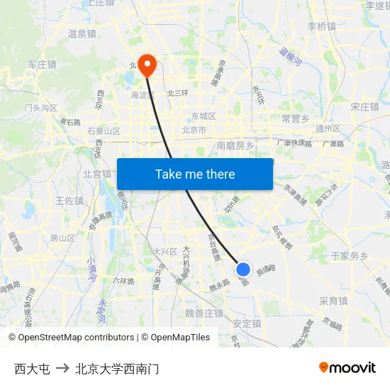 西大屯 to 北京大学西南门 map