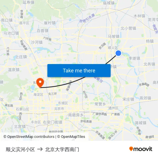 顺义滨河小区 to 北京大学西南门 map