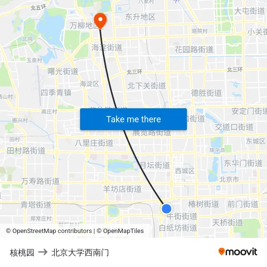 核桃园 to 北京大学西南门 map